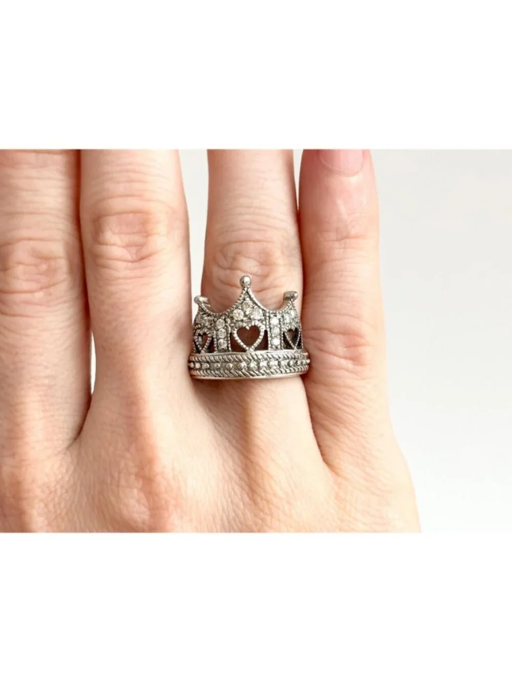 Crown Shaped Milgrain CZ Stone Beaded Sterling Silver 925 Vintage Ring - sz 6